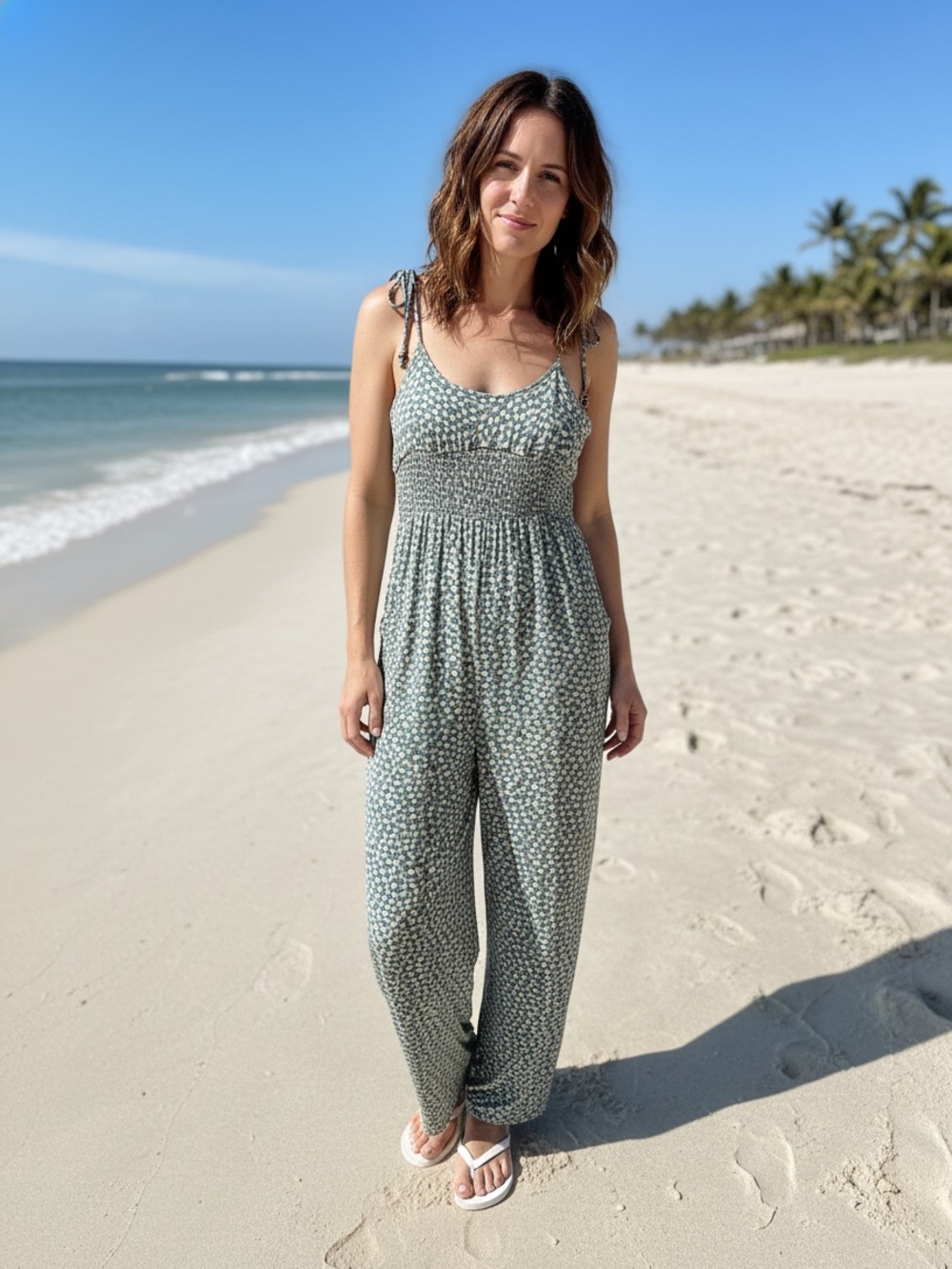 American Eagle Outfitters Sage Green Floral Tie-Shoulder Jumpsuit